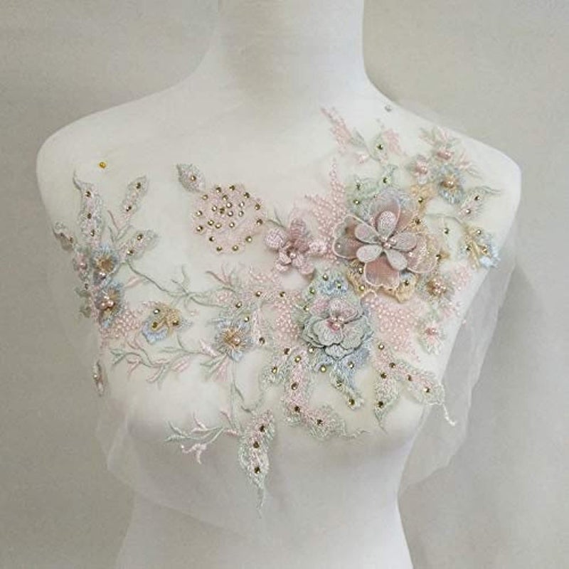 3D Embroidered Patches Nail Bead Tulle Applique Flower Patch for Clothing Wedding Dress Lace Fabric DIY Decoration(Pink1)